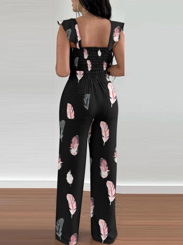 Women's casual fashion feather print commuting two-piece suit - Yara fashion  74720887 Women's casual fashion feather print commuting two-piece suit 