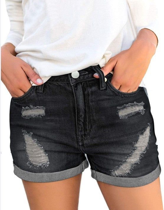 Women's Denim Shorts With Ripped Cuffs - Yara fashion  92256191 Women's Denim Shorts With Ripped Cuffs 