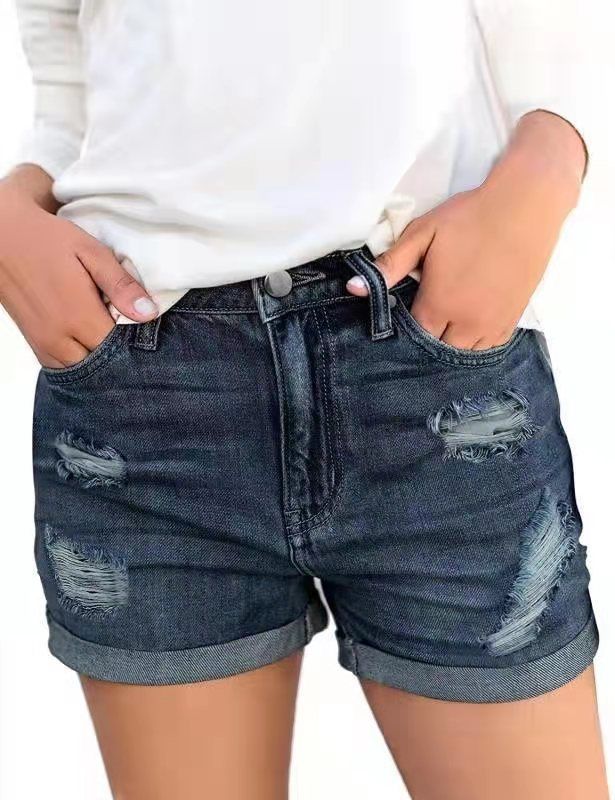 Women's Denim Shorts With Ripped Cuffs - Yara fashion  91041143 Women's Denim Shorts With Ripped Cuffs 