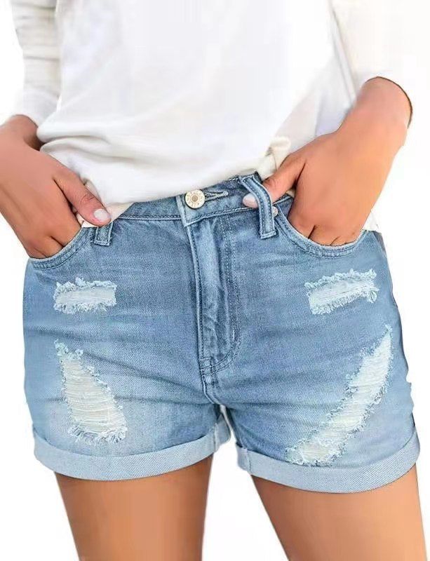 Women's Denim Shorts With Ripped Cuffs - Yara fashion  7074512 Women's Denim Shorts With Ripped Cuffs 