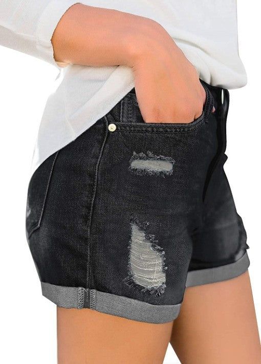 Women's Denim Shorts With Ripped Cuffs - Yara fashion  76683786 Women's Denim Shorts With Ripped Cuffs 