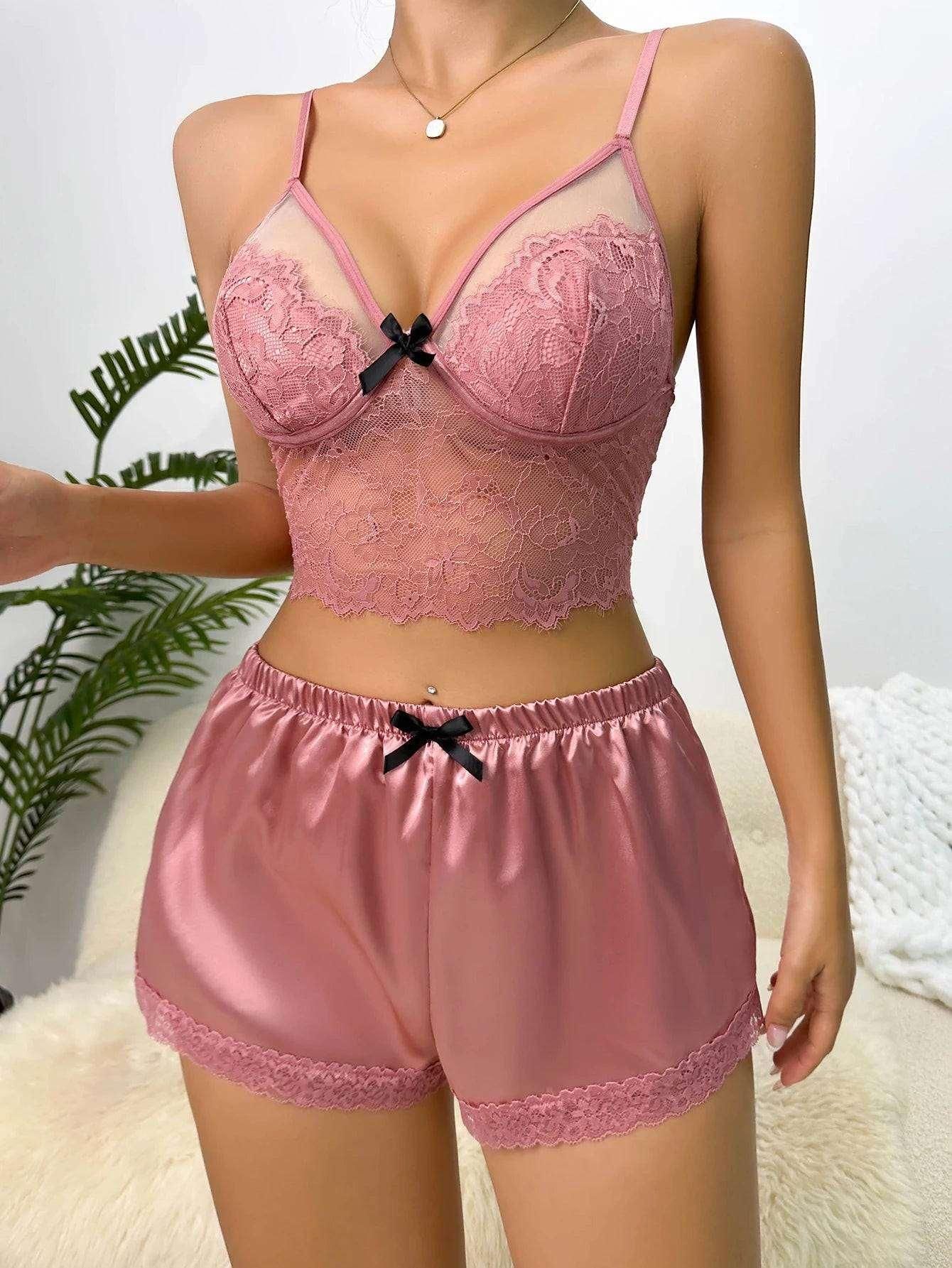 Women's Pajamas Lace Set Sling Tops + Shorts  Sleepwear Sexy V-neck Pink Home Suit Sleeveless Summer Nightwear Clothes - Yara fashion  89208649 Women's Pajamas Lace Set Sling Tops + Shorts  Sleepwear Sexy V-neck Pink Home Suit Sleeveless Summer Nightwear Clothes 