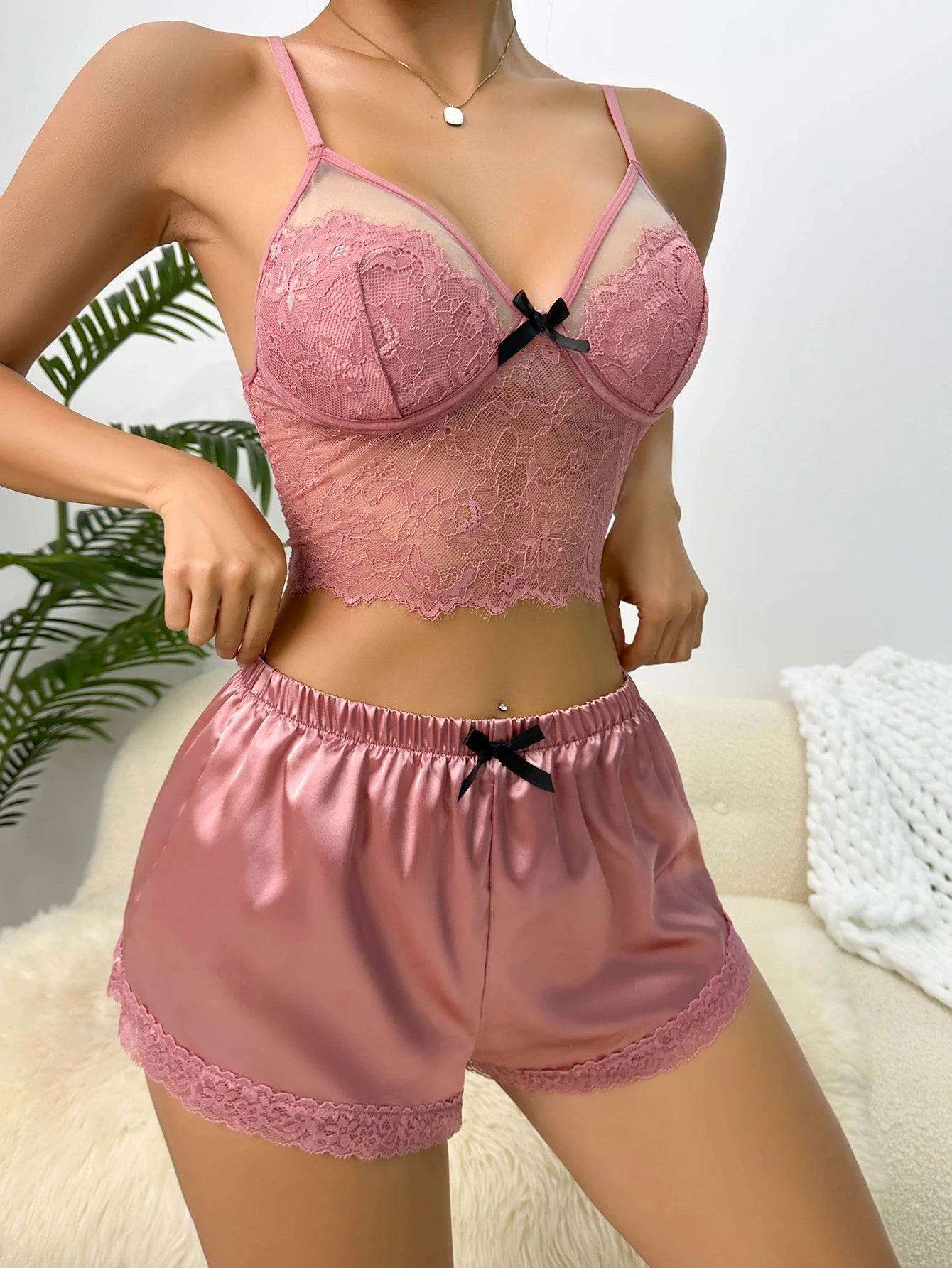 Women's Pajamas Lace Set Sling Tops + Shorts  Sleepwear Sexy V-neck Pink Home Suit Sleeveless Summer Nightwear Clothes - Yara fashion  49440761 Women's Pajamas Lace Set Sling Tops + Shorts  Sleepwear Sexy V-neck Pink Home Suit Sleeveless Summer Nightwear Clothes 