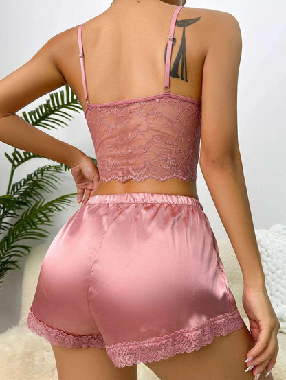 Women's Pajamas Lace Set Sling Tops + Shorts  Sleepwear Sexy V-neck Pink Home Suit Sleeveless Summer Nightwear Clothes - Yara fashion  99794886 Women's Pajamas Lace Set Sling Tops + Shorts  Sleepwear Sexy V-neck Pink Home Suit Sleeveless Summer Nightwear Clothes 