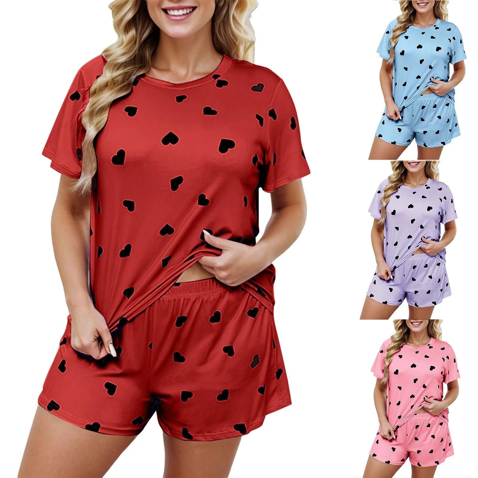 Women'S Pajamas Set Summer Heart Print Sleepwear Large Size Short Sleeved Nightwwar Shorts Home Clothing Pajamas With Pockets - Yara fashion  33932915 Women'S Pajamas Set Summer Heart Print Sleepwear Large Size Short Sleeved Nightwwar Shorts Home Clothing Pajamas With Pockets 