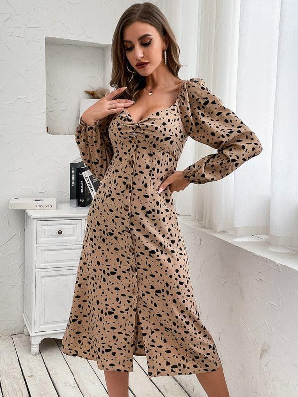 Women's retro women's leopard print backless long-sleeved elegant dresses - Yara fashion  90398771 Women's retro women's leopard print backless long-sleeved elegant dresses 