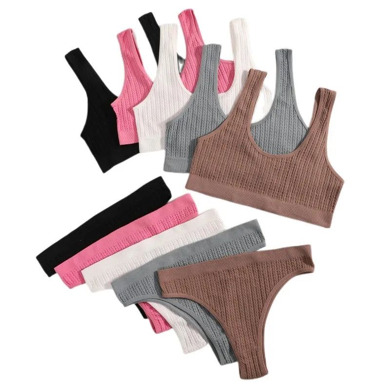 Women Seamless Bra Set Ribbed Thongs G-String High Waist Underwear Female Nonwire Brassiere Comfy Sports Bra Sexy Lingerie Set - Yara fashion  90202788 Women Seamless Bra Set Ribbed Thongs G-String High Waist Underwear Female Nonwire Brassiere Comfy Sports Bra Sexy Lingerie Set 