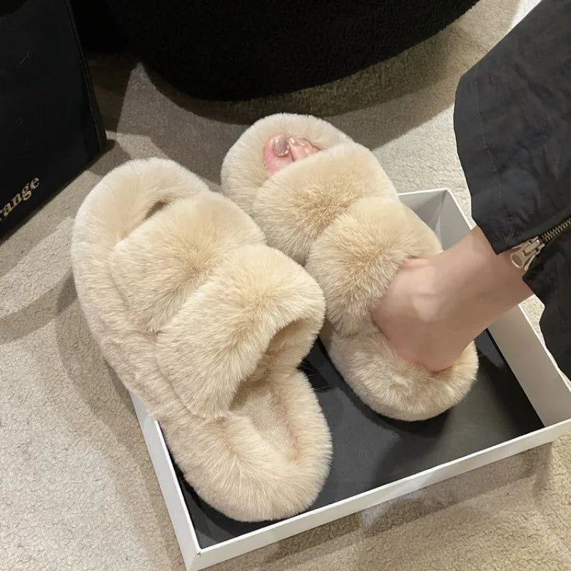 Women Thicken Plush Fur Slippers Winter Slip on Chunky Platform Loafers Mules Woman Thick Bottom Cotton Slippers Flip Flops - Yara fashion  9777097 Women Thicken Plush Fur Slippers Winter Slip on Chunky Platform Loafers Mules Woman Thick Bottom Cotton Slippers Flip Flops 