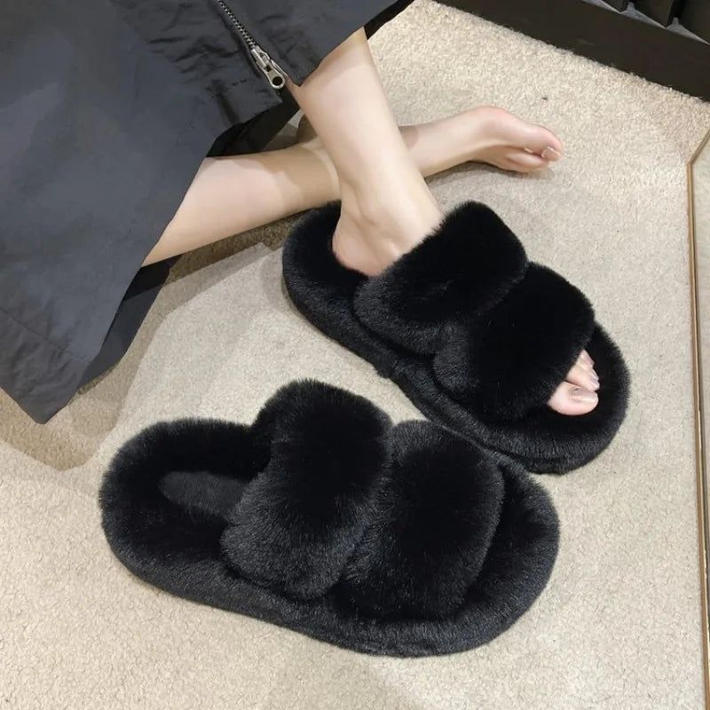 Women Thicken Plush Fur Slippers Winter Slip on Chunky Platform Loafers Mules Woman Thick Bottom Cotton Slippers Flip Flops - Yara fashion  24010325 Women Thicken Plush Fur Slippers Winter Slip on Chunky Platform Loafers Mules Woman Thick Bottom Cotton Slippers Flip Flops 