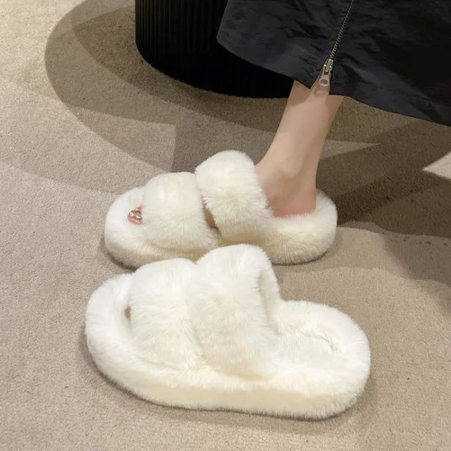 Women Thicken Plush Fur Slippers Winter Slip on Chunky Platform Loafers Mules Woman Thick Bottom Cotton Slippers Flip Flops - Yara fashion  9624285 Women Thicken Plush Fur Slippers Winter Slip on Chunky Platform Loafers Mules Woman Thick Bottom Cotton Slippers Flip Flops 