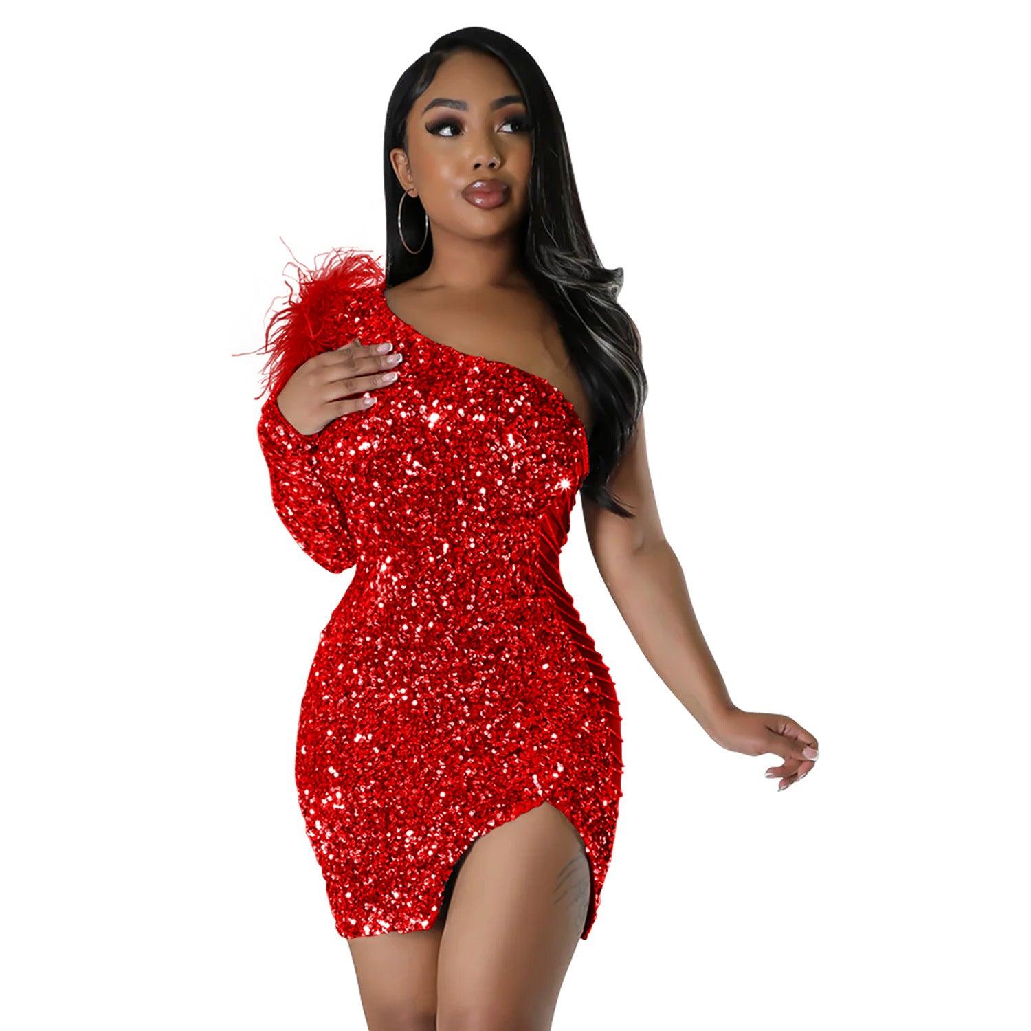 Women Wear Sexy One Shoulder Sequined Split Sheath Dress - Yara fashion  87578218 Women Wear Sexy One Shoulder Sequined Split Sheath Dress 