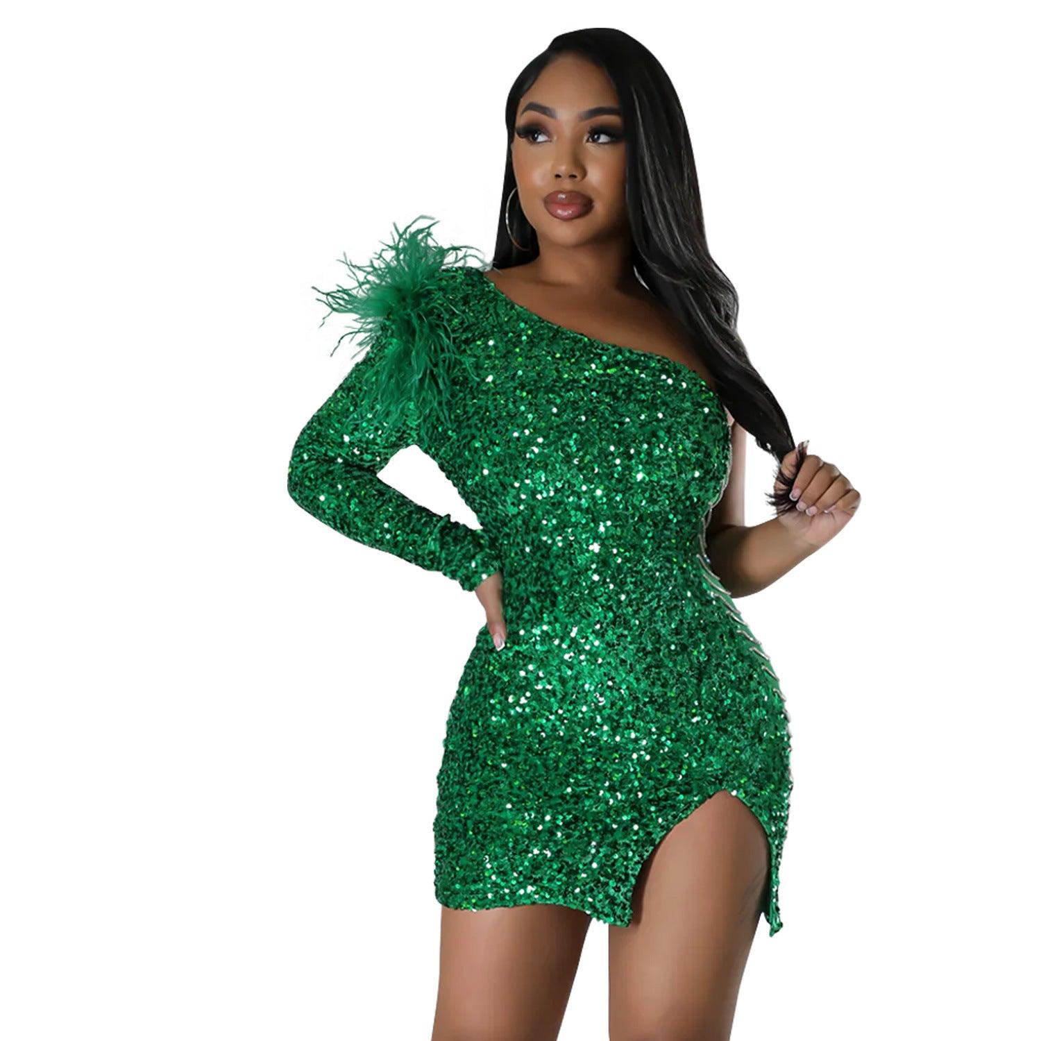 Women Wear Sexy One Shoulder Sequined Split Sheath Dress - Yara fashion  29417382 Women Wear Sexy One Shoulder Sequined Split Sheath Dress 