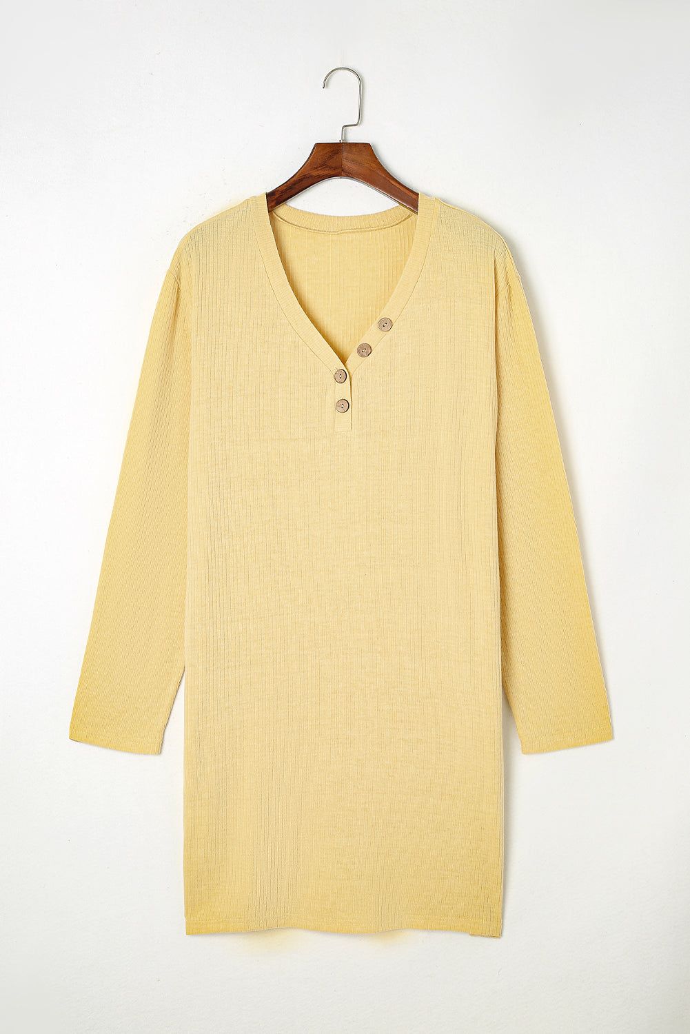 Yellow Plus Size Ribbed Long Sleeve Pocketed Henley Dress - Yara fashion  14568309 Yellow Plus Size Ribbed Long Sleeve Pocketed Henley Dress 