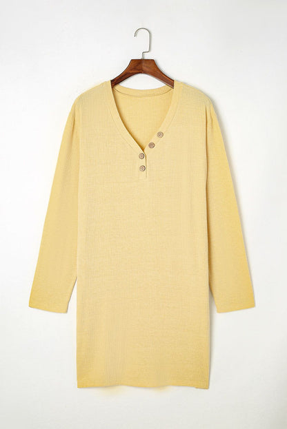 Yellow Plus Size Ribbed Long Sleeve Pocketed Henley Dress - Yara fashion  14568309 Yellow Plus Size Ribbed Long Sleeve Pocketed Henley Dress 