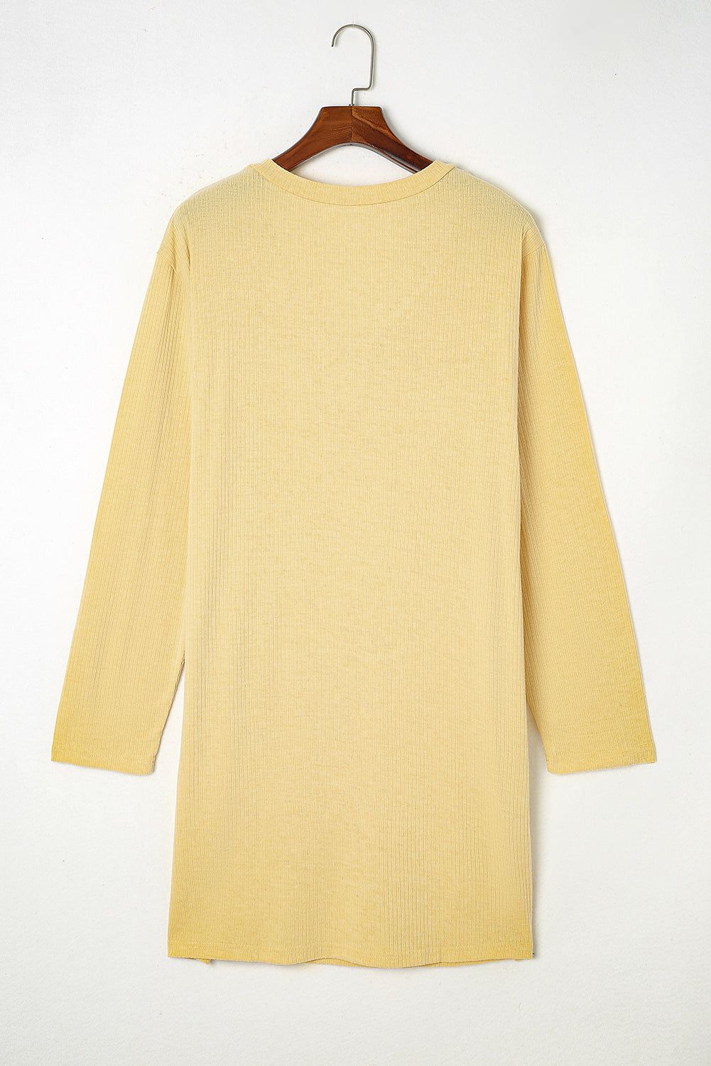 Yellow Plus Size Ribbed Long Sleeve Pocketed Henley Dress - Yara fashion  57039291 Yellow Plus Size Ribbed Long Sleeve Pocketed Henley Dress 