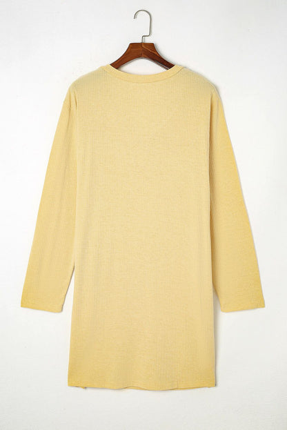 Yellow Plus Size Ribbed Long Sleeve Pocketed Henley Dress - Yara fashion  57039291 Yellow Plus Size Ribbed Long Sleeve Pocketed Henley Dress 