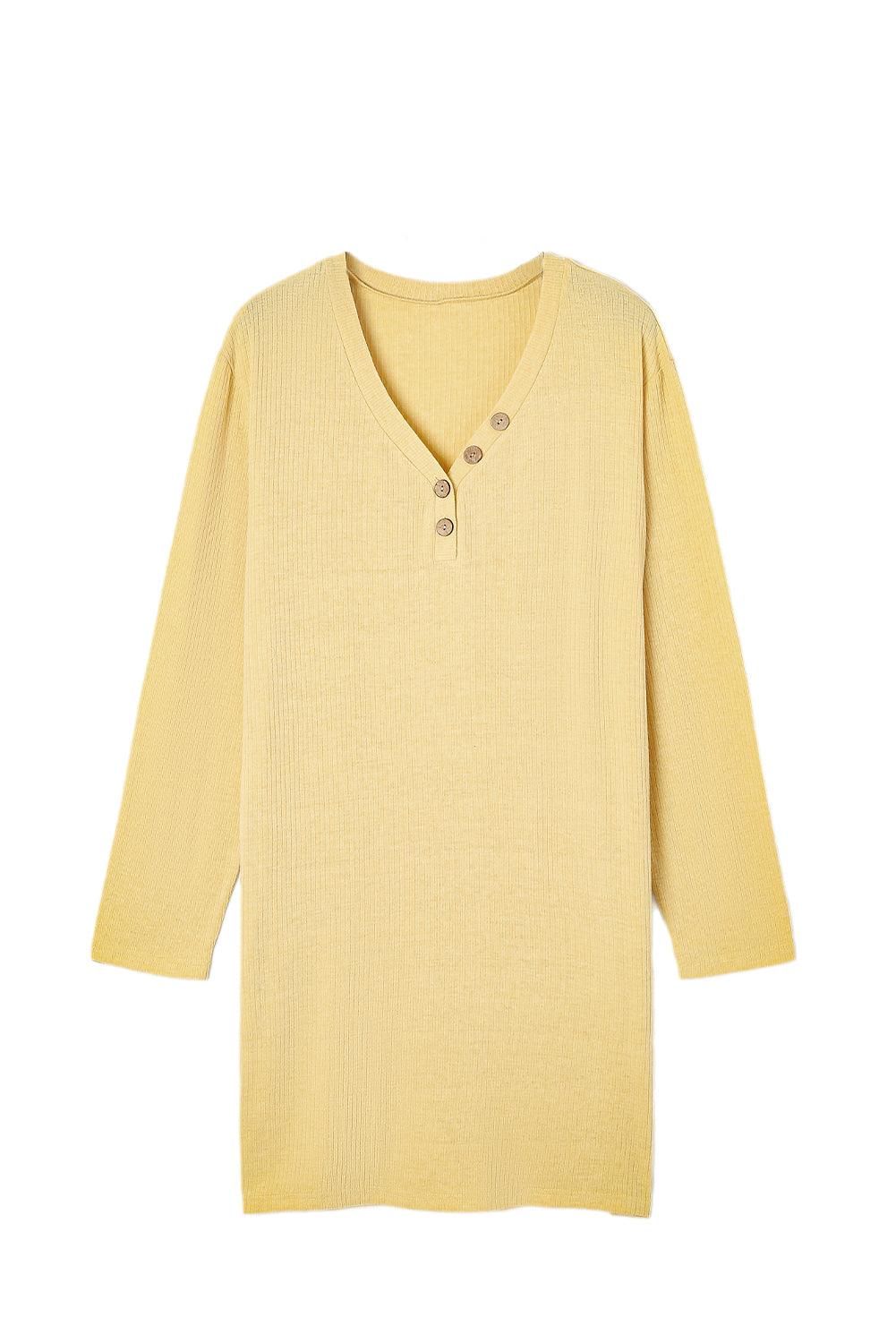 Yellow Plus Size Ribbed Long Sleeve Pocketed Henley Dress - Yara fashion  50281836 Yellow Plus Size Ribbed Long Sleeve Pocketed Henley Dress 