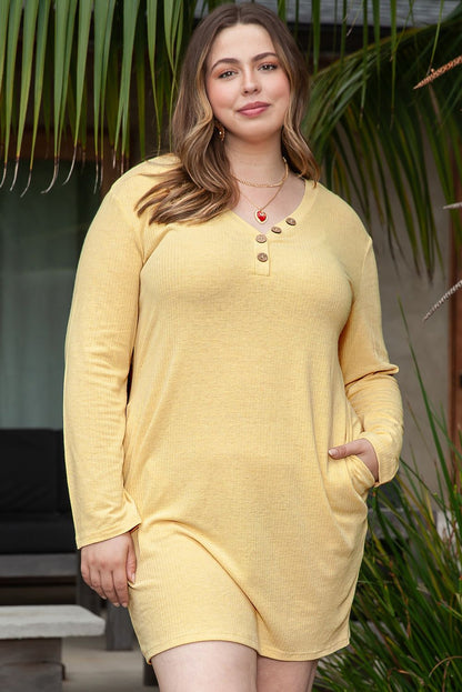 Yellow Plus Size Ribbed Long Sleeve Pocketed Henley Dress - Yara fashion  15507098 Yellow Plus Size Ribbed Long Sleeve Pocketed Henley Dress 