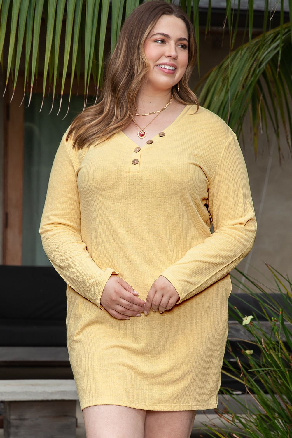 Yellow Plus Size Ribbed Long Sleeve Pocketed Henley Dress - Yara fashion  36659460 Yellow Plus Size Ribbed Long Sleeve Pocketed Henley Dress 