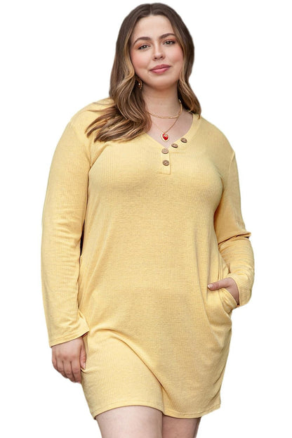 Yellow Plus Size Ribbed Long Sleeve Pocketed Henley Dress - Yara fashion  22351702 Yellow Plus Size Ribbed Long Sleeve Pocketed Henley Dress 