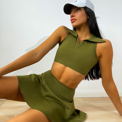 Yoga Clothes Women Summer Shirt Collar Yoga Vest Faux Two Pieces High Waist Anti-Exposure Yoga Exercise Skirt Outfit - Yara fashion  40459929 Yoga Clothes Women Summer Shirt Collar Yoga Vest Faux Two Pieces High Waist Anti-Exposure Yoga Exercise Skirt Outfit 