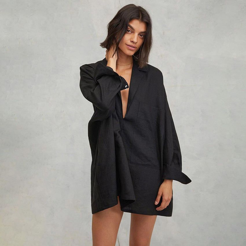 Autumn Sexy Deep V Plunge Nightdress Pure Cotton Black Loose Casual Short Pocket Women Home Wear - Yara fashion  54611562 Autumn Sexy Deep V Plunge Nightdress Pure Cotton Black Loose Casual Short Pocket Women Home Wear 