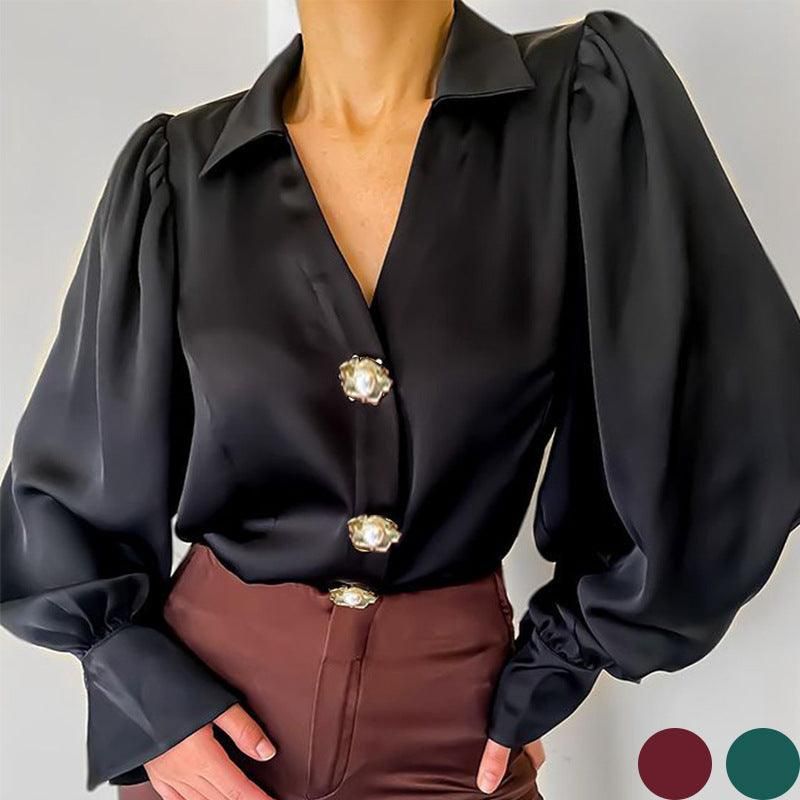 Autumn Special Interest Design Lantern Sleeve Casual Loose Satin Women Shirt - Yara fashion  37150382 Autumn Special Interest Design Lantern Sleeve Casual Loose Satin Women Shirt 