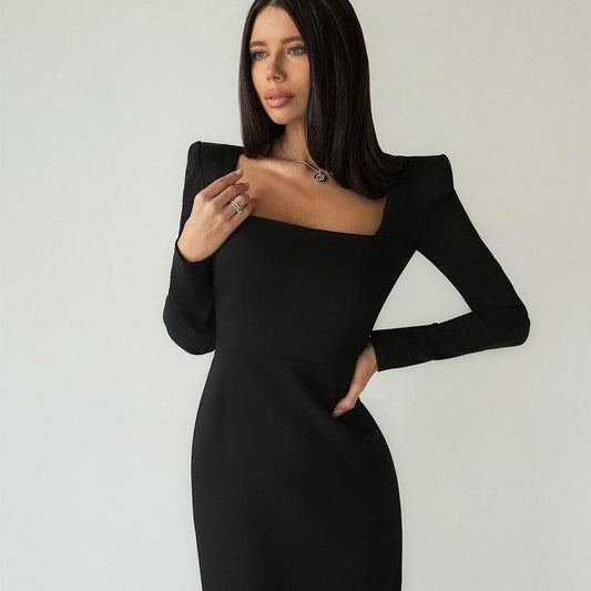 Autumn Winter Women Clothing Maxi Dress Square Collar French Black Dress Slim Fit Sheath Design Dress for Women - Yara fashion  65375703 Autumn Winter Women Clothing Maxi Dress Square Collar French Black Dress Slim Fit Sheath Design Dress for Women 