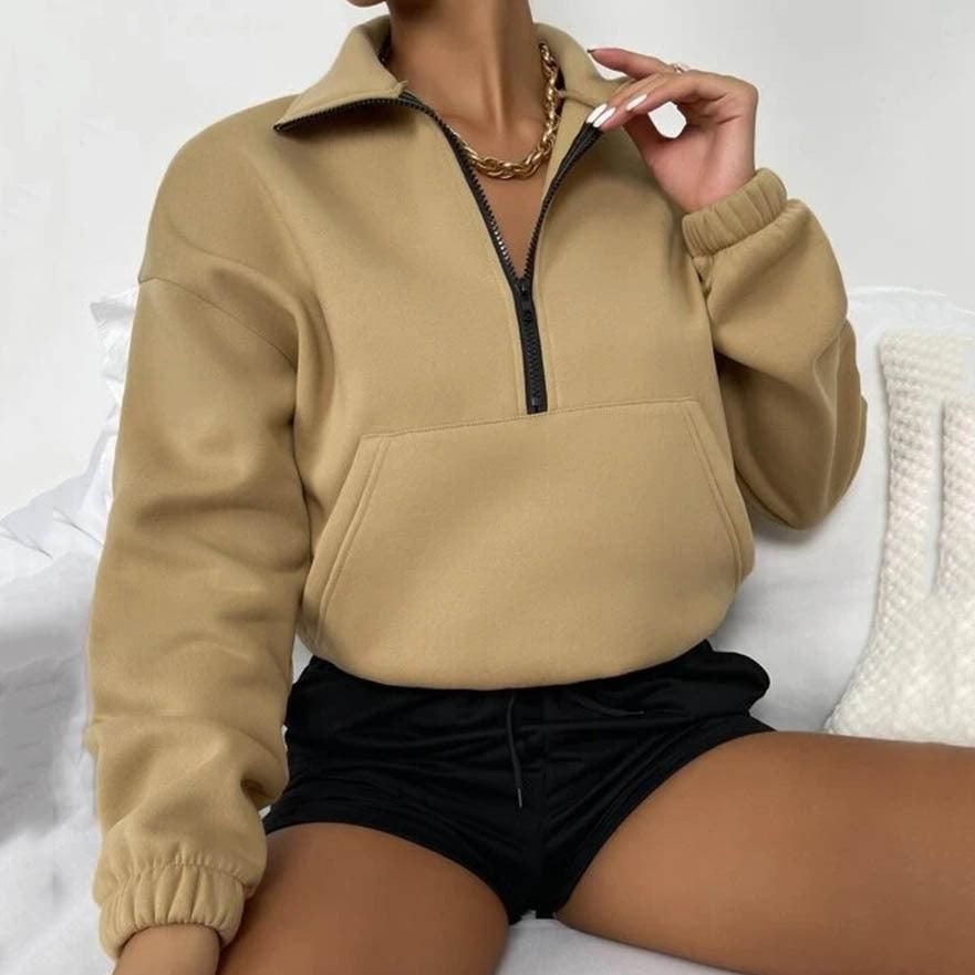 Autumn Women Clothing Loose Zip Collar Long Sleeve Sweatshirt Tops - Yara fashion  66684746 Autumn Women Clothing Loose Zip Collar Long Sleeve Sweatshirt Tops 