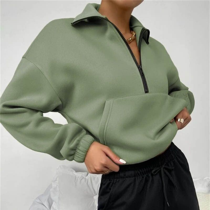 Autumn Women Clothing Loose Zip Collar Long Sleeve Sweatshirt Tops - Yara fashion  97740488 Autumn Women Clothing Loose Zip Collar Long Sleeve Sweatshirt Tops 