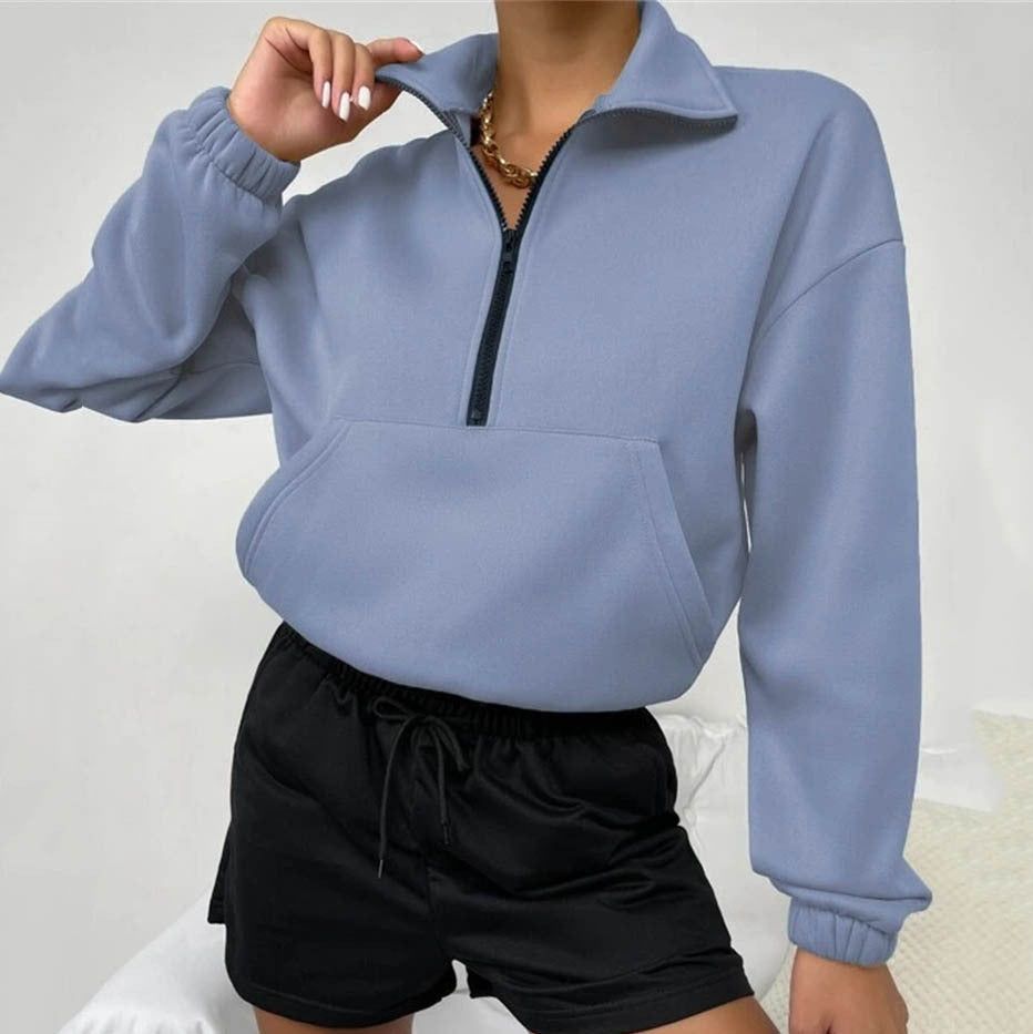 Autumn Women Clothing Loose Zip Collar Long Sleeve Sweatshirt Tops - Yara fashion  70933118 Autumn Women Clothing Loose Zip Collar Long Sleeve Sweatshirt Tops 