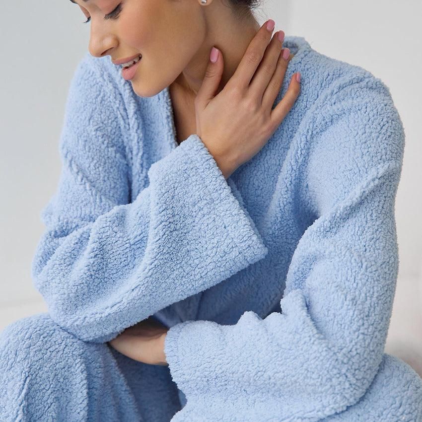 Blue Woolen Comfortable Warm Long Sleeves Pajamas Two Piece Set Exclusive for Ladies Homewear - Yara fashion  97025983 Blue Woolen Comfortable Warm Long Sleeves Pajamas Two Piece Set Exclusive for Ladies Homewear 