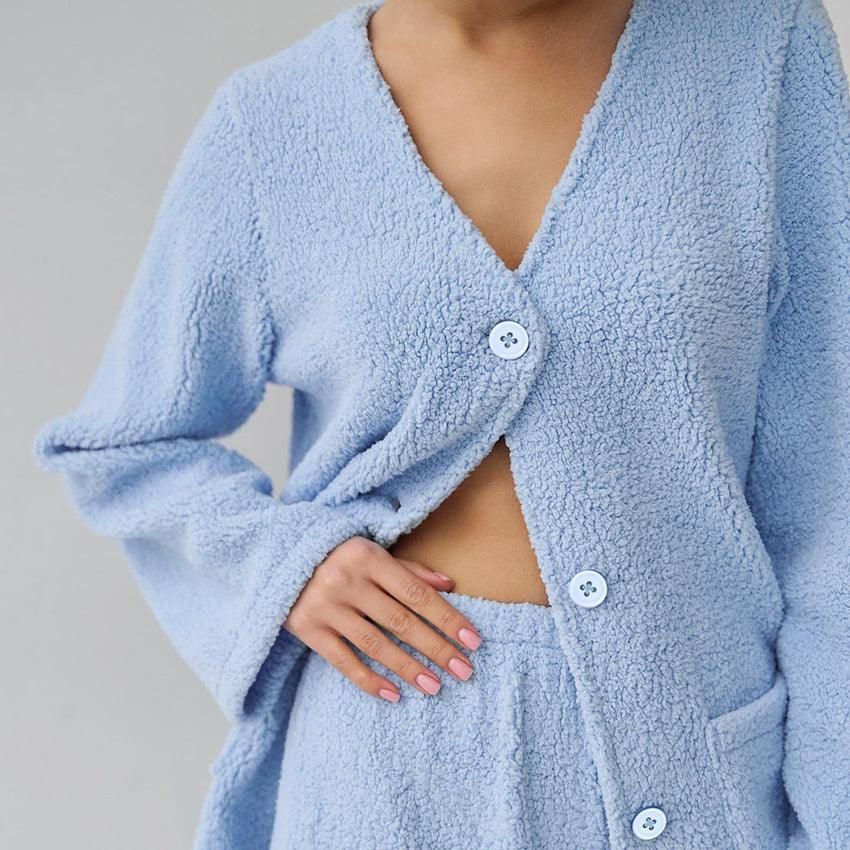 Blue Woolen Comfortable Warm Long Sleeves Pajamas Two Piece Set Exclusive for Ladies Homewear - Yara fashion  12693994 Blue Woolen Comfortable Warm Long Sleeves Pajamas Two Piece Set Exclusive for Ladies Homewear 