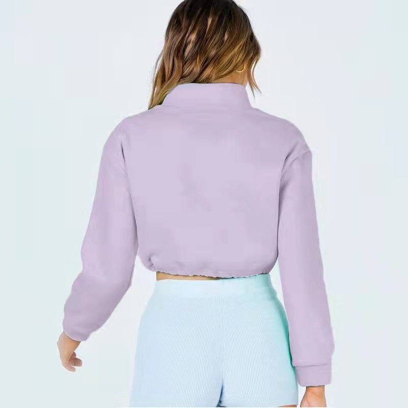 Collar Zipper Drawstring cropped Women Clothing Urban Casual Patch Pocket Long Sleeve Sweater - Yara fashion  87712485 Collar Zipper Drawstring cropped Women Clothing Urban Casual Patch Pocket Long Sleeve Sweater 