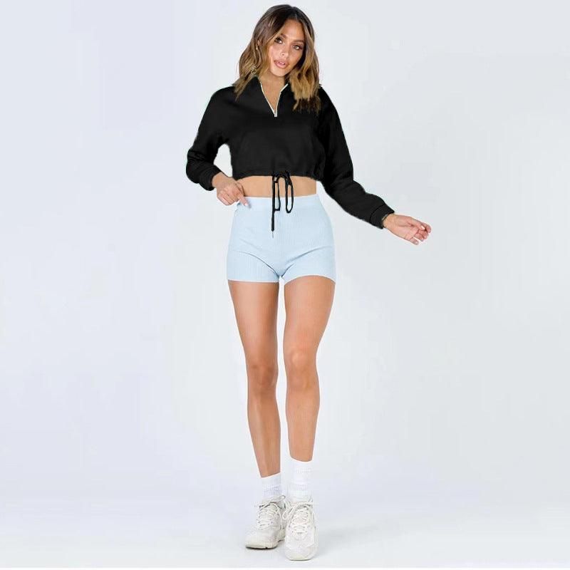 Collar Zipper Drawstring cropped Women Clothing Urban Casual Patch Pocket Long Sleeve Sweater - Yara fashion  67406909 Collar Zipper Drawstring cropped Women Clothing Urban Casual Patch Pocket Long Sleeve Sweater 