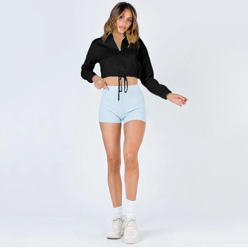 Collar Zipper Drawstring cropped Women Clothing Urban Casual Patch Pocket Long Sleeve Sweater - Yara fashion  79687393 Collar Zipper Drawstring cropped Women Clothing Urban Casual Patch Pocket Long Sleeve Sweater 