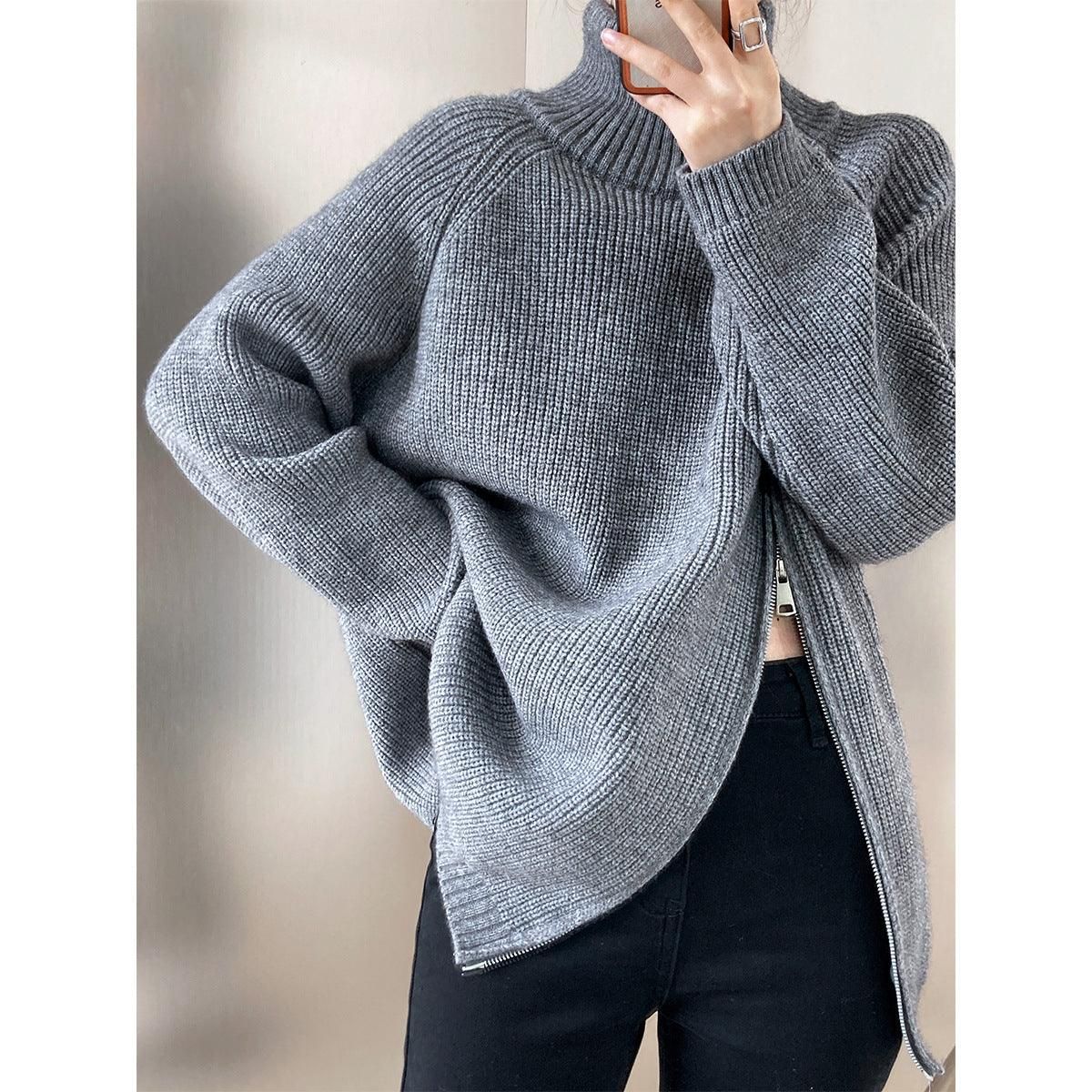 Design Double Headed Oblique Zipper Turtleneck Sweaters Women Clothing Autumn Winter Lazy Casual Sweater - Yara fashion  34980912 Design Double Headed Oblique Zipper Turtleneck Sweaters Women Clothing Autumn Winter Lazy Casual Sweater 