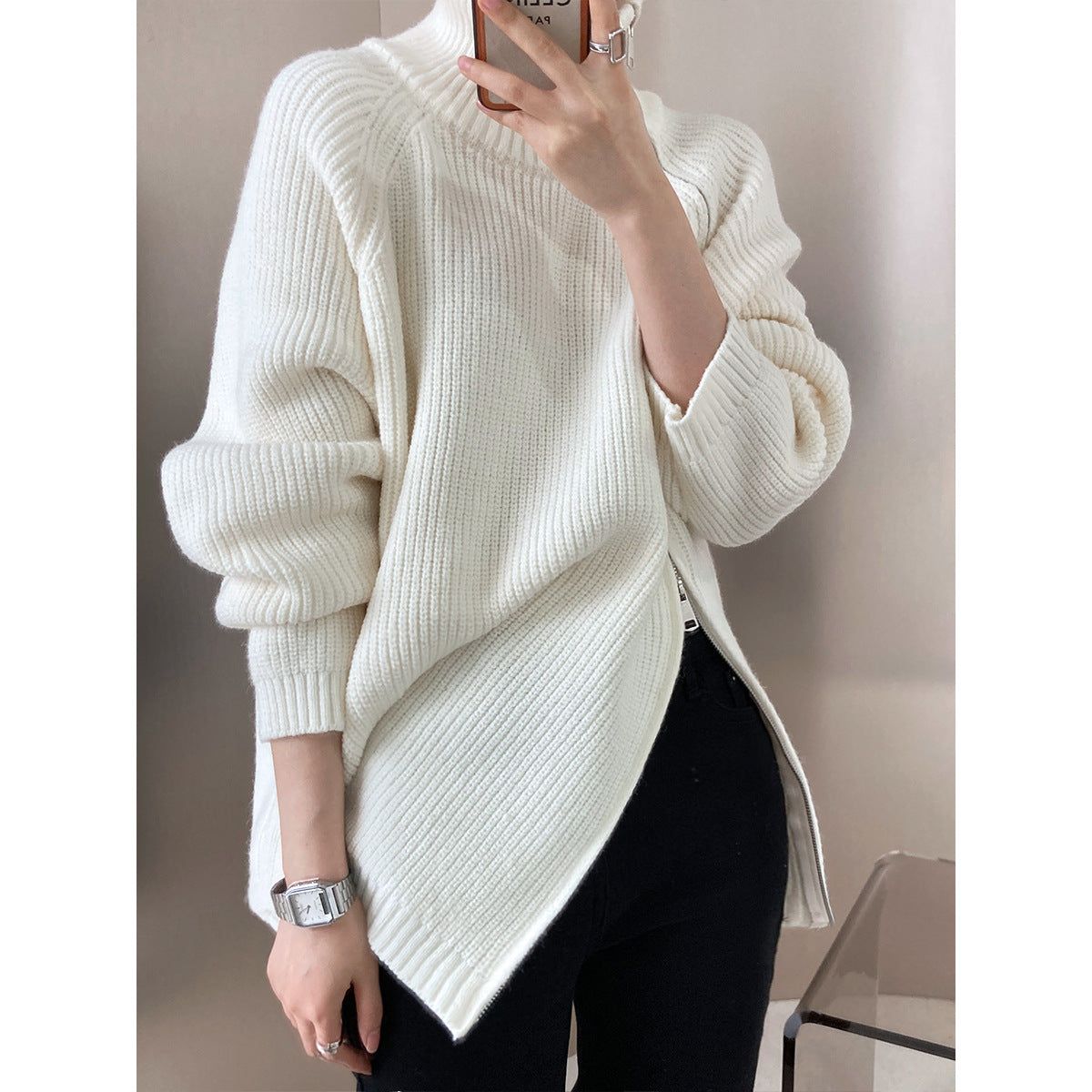 Design Double Headed Oblique Zipper Turtleneck Sweaters Women Clothing Autumn Winter Lazy Casual Sweater - Yara fashion  55257405 Design Double Headed Oblique Zipper Turtleneck Sweaters Women Clothing Autumn Winter Lazy Casual Sweater 