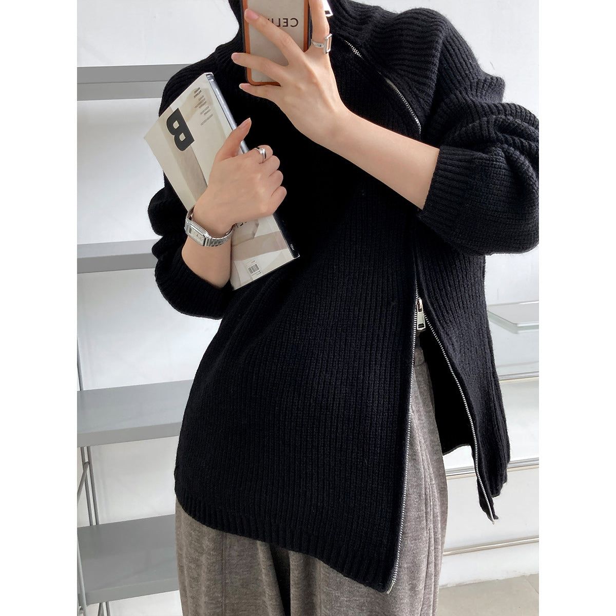 Design Double Headed Oblique Zipper Turtleneck Sweaters Women Clothing Autumn Winter Lazy Casual Sweater - Yara fashion  32110578 Design Double Headed Oblique Zipper Turtleneck Sweaters Women Clothing Autumn Winter Lazy Casual Sweater 