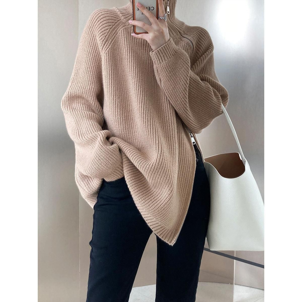 Design Double Headed Oblique Zipper Turtleneck Sweaters Women Clothing Autumn Winter Lazy Casual Sweater - Yara fashion  14773941 Design Double Headed Oblique Zipper Turtleneck Sweaters Women Clothing Autumn Winter Lazy Casual Sweater 