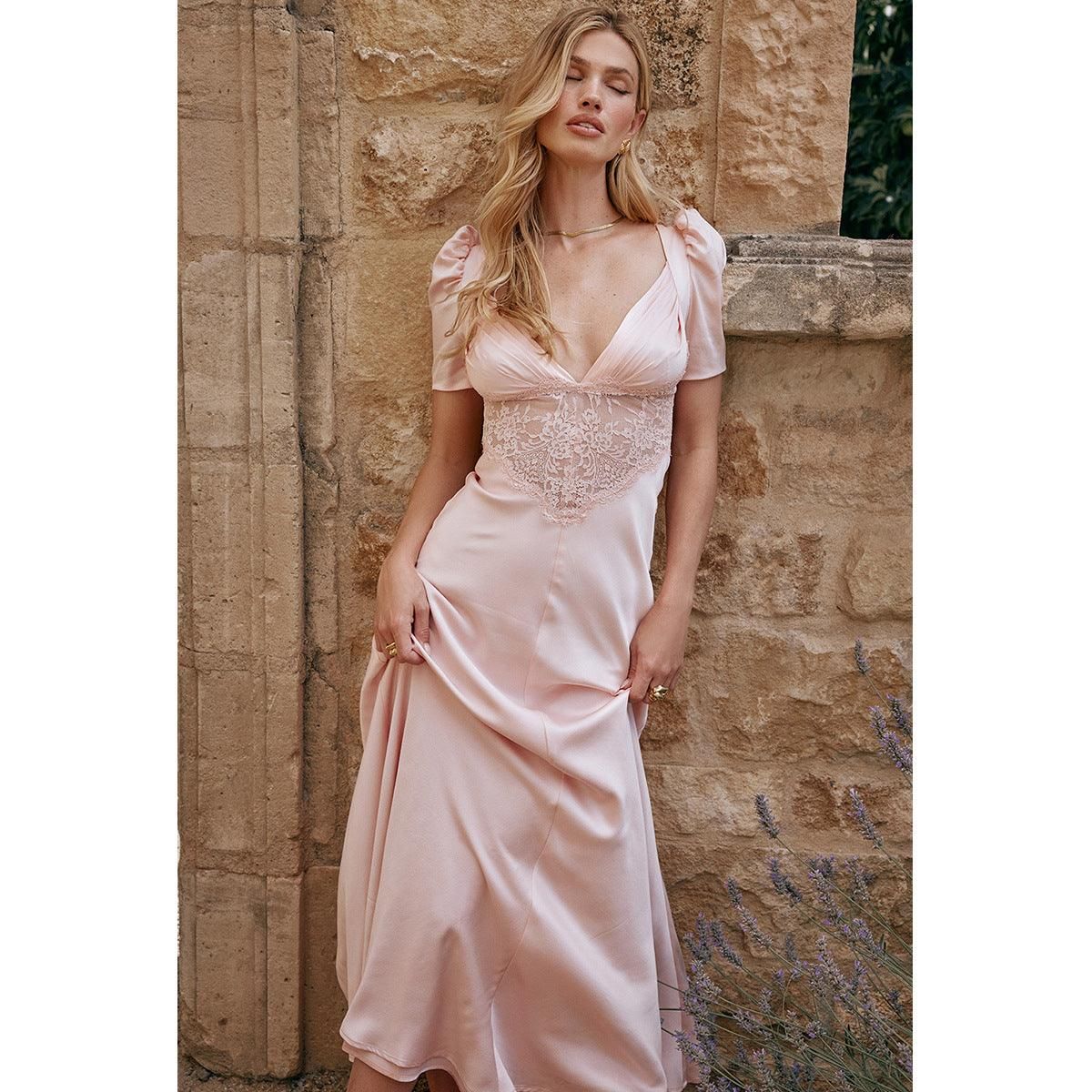 Elegant Women Clothing Supply Deep V Plunge Lace Stitching Cropped Outfit Maxi Dress Dopamine Wear Pink Dress - Yara fashion  23279031 Elegant Women Clothing Supply Deep V Plunge Lace Stitching Cropped Outfit Maxi Dress Dopamine Wear Pink Dress 