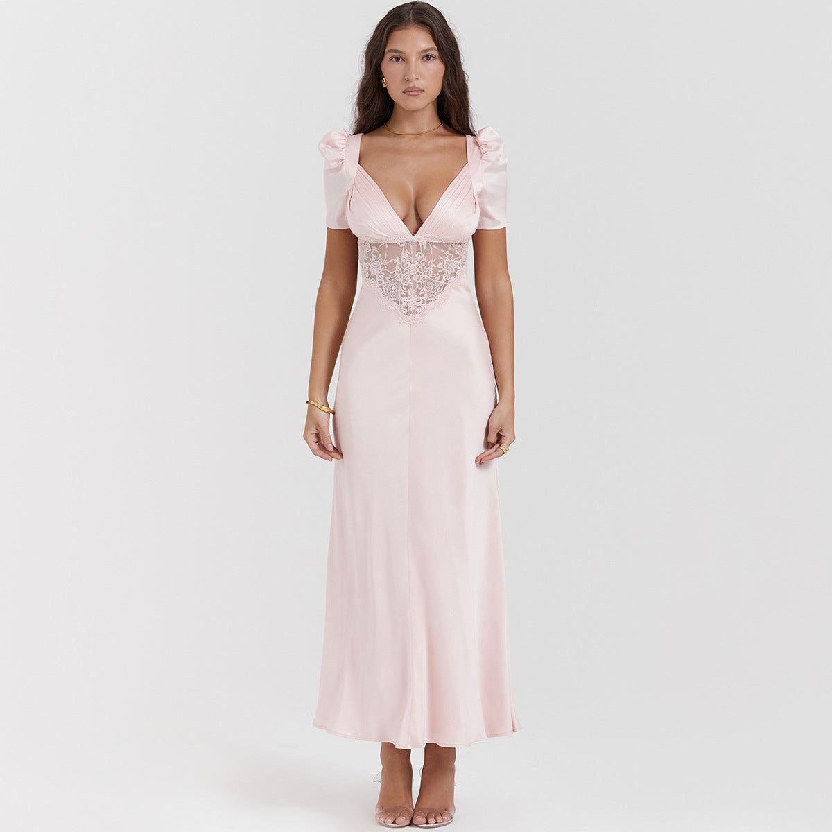 Elegant Women Clothing Supply Deep V Plunge Lace Stitching Cropped Outfit Maxi Dress Dopamine Wear Pink Dress - Yara fashion  12194213 Elegant Women Clothing Supply Deep V Plunge Lace Stitching Cropped Outfit Maxi Dress Dopamine Wear Pink Dress 