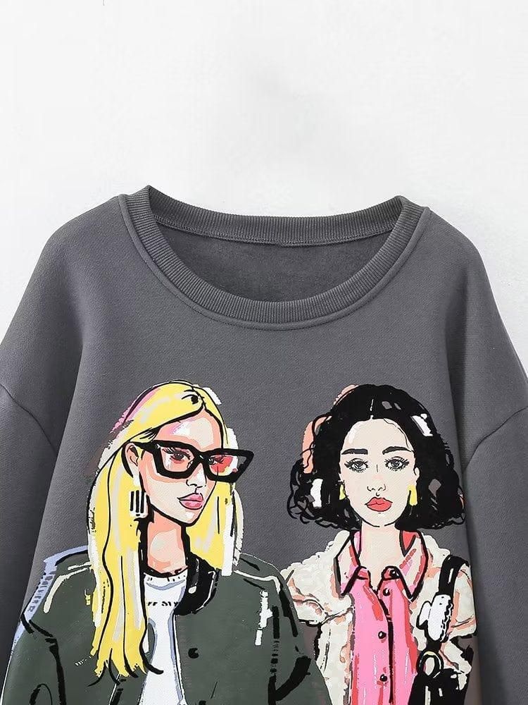 Fall Women Clothing All Match Girl Pattern Printing Pullover Round Neck Long Sleeves Loose Top - Yara fashion  74581499 Fall Women Clothing All Match Girl Pattern Printing Pullover Round Neck Long Sleeves Loose Top 