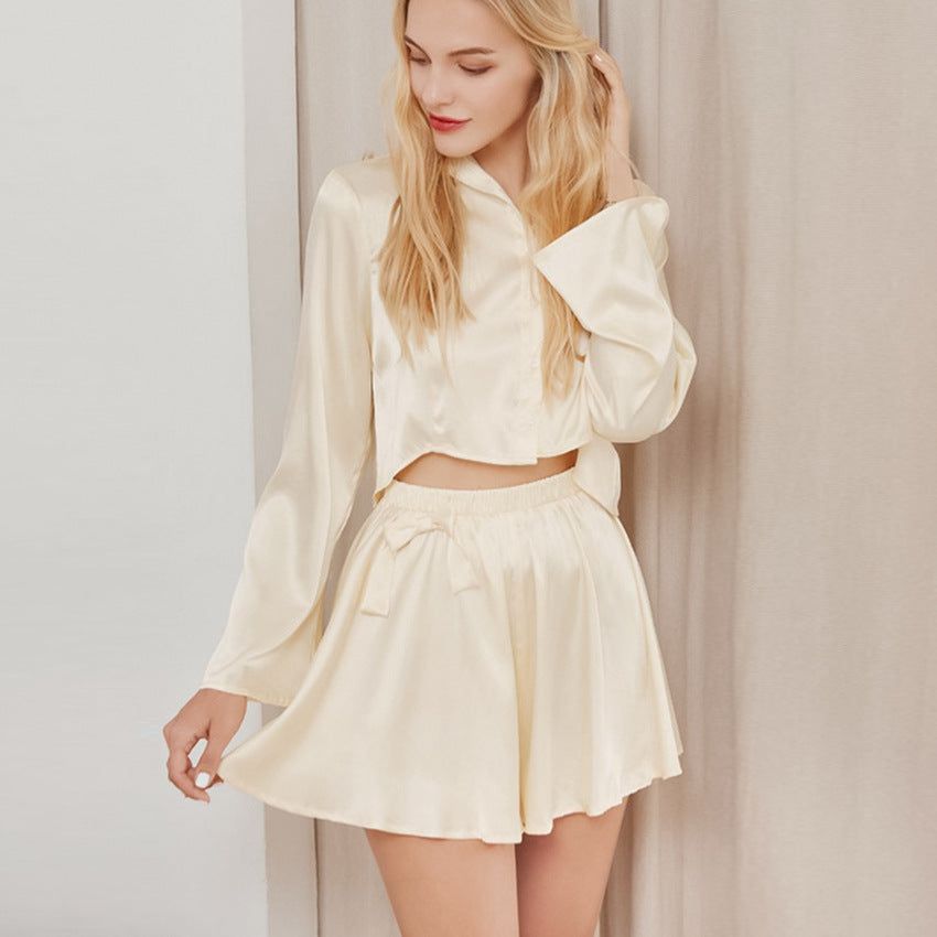 French Champagne Bridal Clothes Solid Color Casual Shirt Shorts Suit Bow Classic Home Wear for Women - Yara fashion  48405872 French Champagne Bridal Clothes Solid Color Casual Shirt Shorts Suit Bow Classic Home Wear for Women 