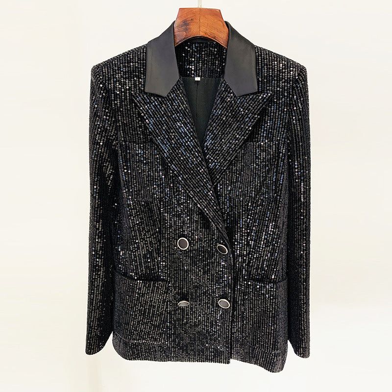 Goods Gold Velvet Sequined Double Breasted Blazer Slim Fit Skinny Pants Suit - Yara fashion  37596227 Goods Gold Velvet Sequined Double Breasted Blazer Slim Fit Skinny Pants Suit 