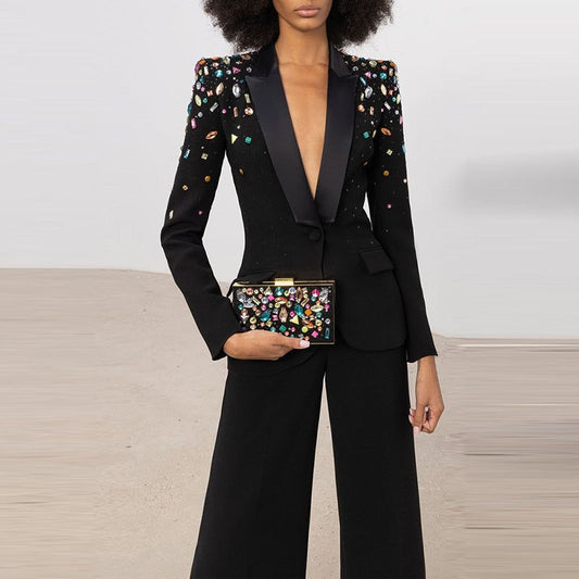 Goods Heavy Industry Beads Colorful Crystals Slim Fit Blazer Bootcut Pants Blazer Suit Set Two Pieces - Yara fashion  38273123 Goods Heavy Industry Beads Colorful Crystals Slim Fit Blazer Bootcut Pants Blazer Suit Set Two Pieces 