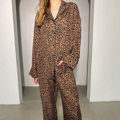 Leopard Print Shirt Long Sleeved Trousers Pajamas Two Piece Set Home Wear - Yara fashion  71531162 Leopard Print Shirt Long Sleeved Trousers Pajamas Two Piece Set Home Wear 