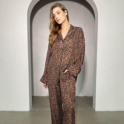 Leopard Print Shirt Long Sleeved Trousers Pajamas Two Piece Set Home Wear - Yara fashion  35442653 Leopard Print Shirt Long Sleeved Trousers Pajamas Two Piece Set Home Wear 