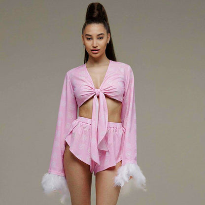 Long Sleeve Shorts Pink Sexy Fluff Two Piece Pajamas Comfortable Thin Ladies Homewear - Yara fashion  73649542 Long Sleeve Shorts Pink Sexy Fluff Two Piece Pajamas Comfortable Thin Ladies Homewear 