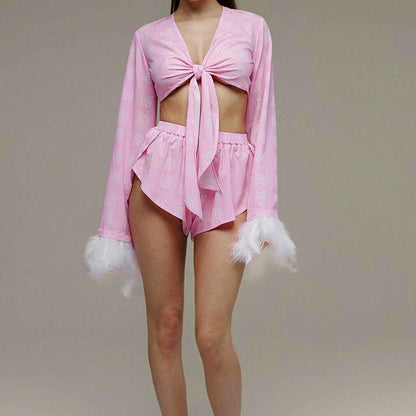 Long Sleeve Shorts Pink Sexy Fluff Two Piece Pajamas Comfortable Thin Ladies Homewear - Yara fashion  17143531 Long Sleeve Shorts Pink Sexy Fluff Two Piece Pajamas Comfortable Thin Ladies Homewear 